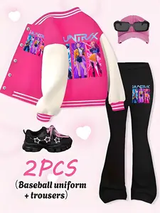 Kpop Cool Hunter Girl Group Cartoon Print Set, 2-Piece Short Fitted Baseball Jacket & Bell Bottoms, Casual School Uniform, Spring & Fall, Outfit