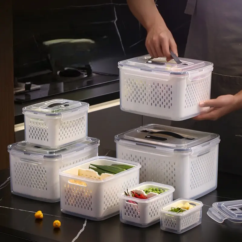Food-Grade Airtight Refrigerator Storage Box With Lid & Handle, Rectangular Drain Basket Produce Organizer, Stackable Leakproof Fridge Container for Fruit Vegetable Meat Storage