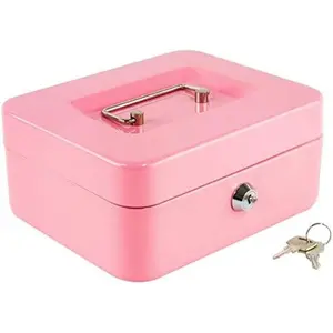 Pink Locking Steel Medium Cash Box - Removable Coin Tray, Key Lock, 7.87"x6.30"x3.54" Home Organizer Storage Box