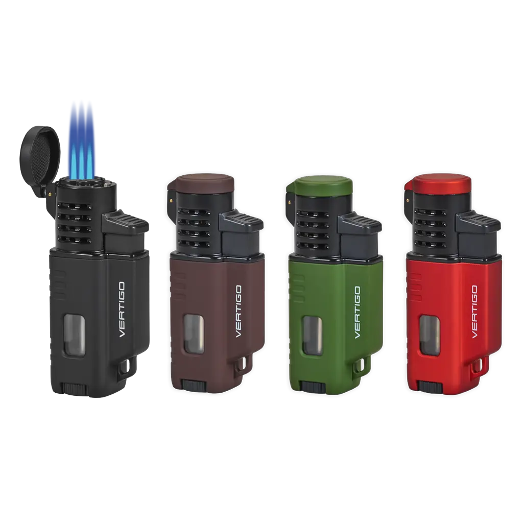 Vertigo Forester Windproof Butane Triple Torch Lighter - Wind Resistant, Large Fuel Window, Carabiner Attachment, Single Action Ignition, Portable Design, Ideal for Campfires, Candles, Windproof Butane Lighter