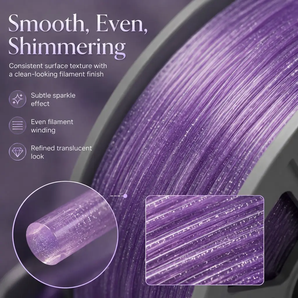 Sparkle Translucent Purple PETG 3D Printer Filament - 300g Mini Spool, 1.75mm, Silver Glitter Accent, 3D Printing Supplies for All Mainstream 1.75mm FDM Desktop Printers, Custom Creative Gifts, Desktop Ornamental Pieces, All Mainstream 1.75Mm Fdm Desktop