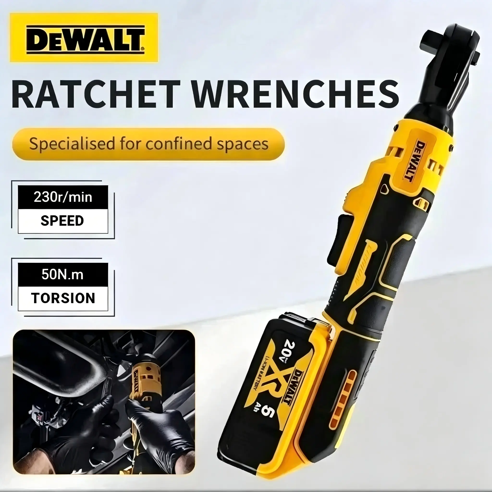 DEWALT DCF512 20V Rechargeable High Torque Cordless Right Angle Ratchet Wrench Power Tool - Brushless Motor, Compact & Lightweight, Portable, Variable Speed Control, Built-In LED Lights, 95Nm Torque, Batteries Included, for Mechanic DIY, Garage EDC, Diy E
