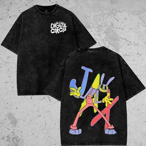 Unisex Washed Black The Amazing Digital Circus Jax Graphic T-Shirt, Casual Crew Neck Short Sleeve Tee, Front Logo & Back Character Print, Outdoor Streetwear Fashion Top
