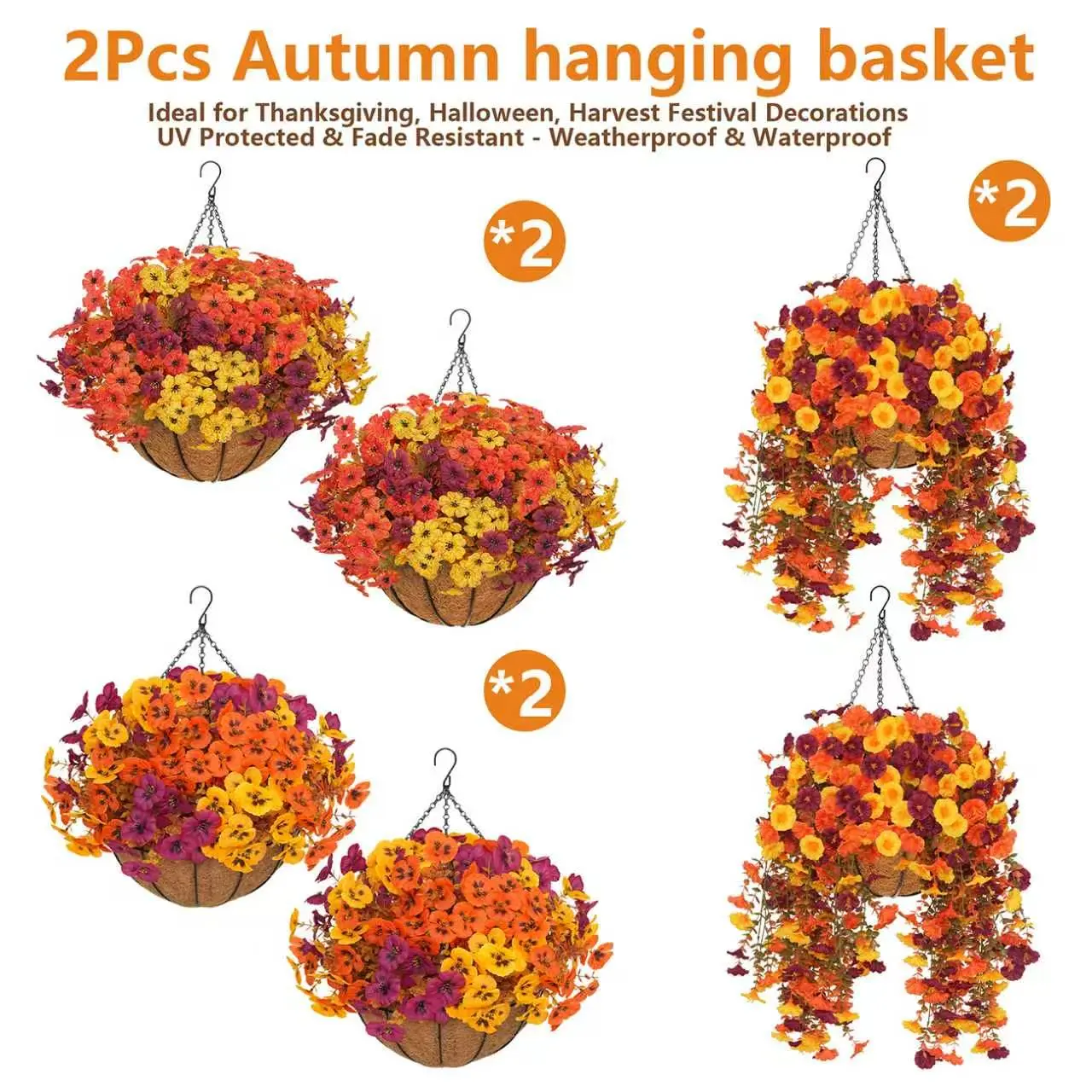 2Pcs Artificial Hanging Flower Baskets for Fall/Autumn, UV Stabilized Daisies/Pansies/Trailing Morning Glories Arrangement, Zero Upkeep Fall Decor for Porch Patio Balcony Yard