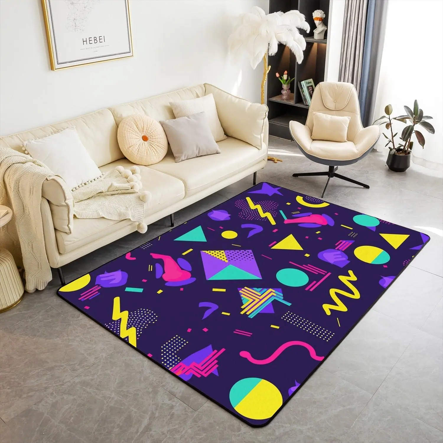 Memphis Area Rug Hipster Retro Rug 80s 90s Hip Hop Funky Carpet for Bedside Colorful Pop Art Inspired Watercolor Eighties Memphis Geometrical 80s Non Shedding Decorative Rug