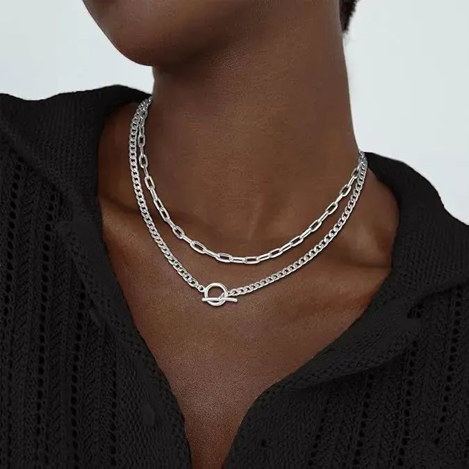 Tewiky 2-Layered 14K Gold/Silver Plated Necklaces for Women, 14K/Silver Plated Dainty Gold Chain Necklace Women Trendy Cuban Link Paperclip Chain Toggle Clasp Necklace Fashion Chunky Jewelry for Women Daily Wear For Valentine's Day gifts