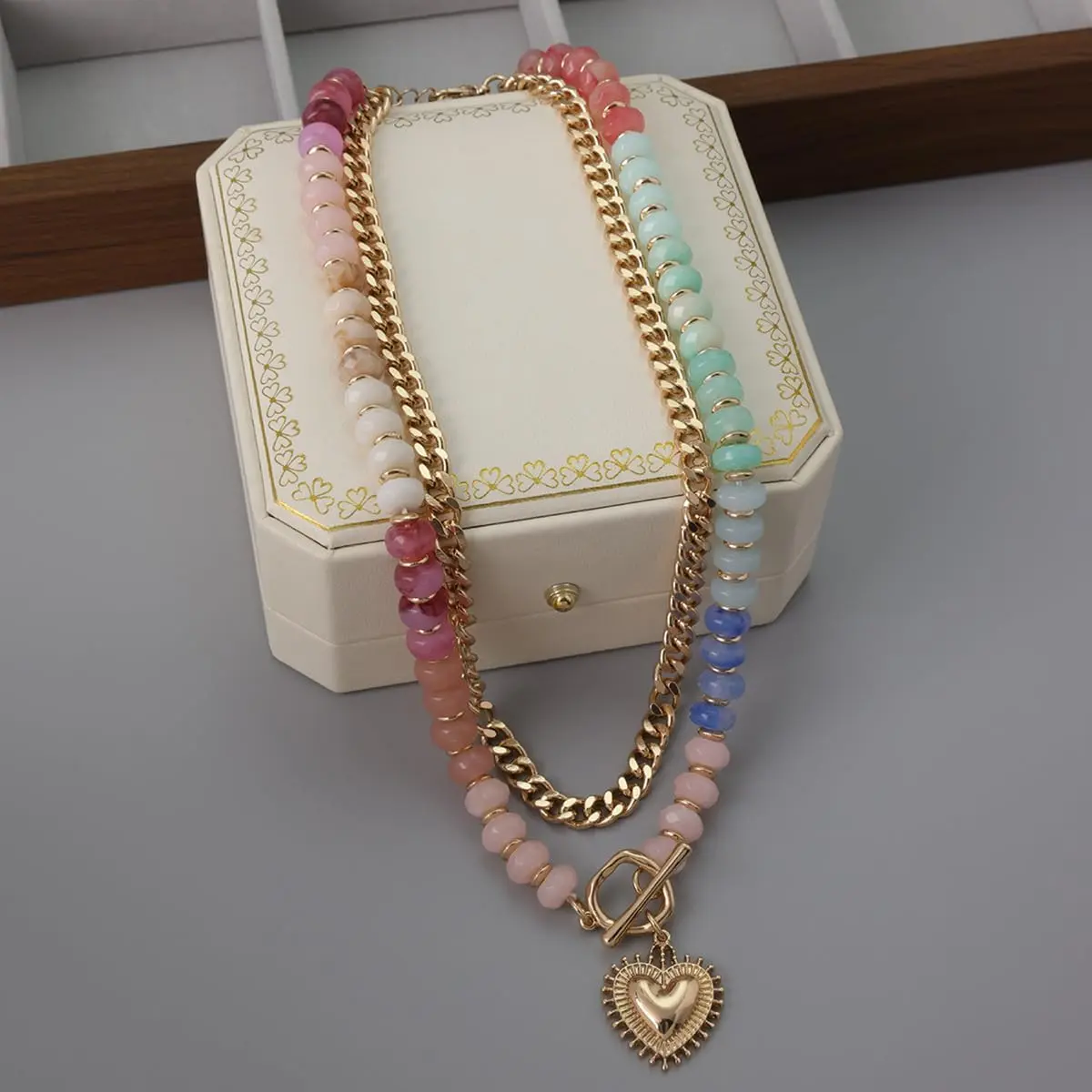 Women's Boho Style Alloy Necklace - Colorful Acrylic Charm Beaded, 2-Layer Rainbow Beads, Thick Cuban Chain, Chunky Heart Pendant Statement Choker, Summer Beach Jewelry Gift, Boho Style Necklace, Chunky Necklaces