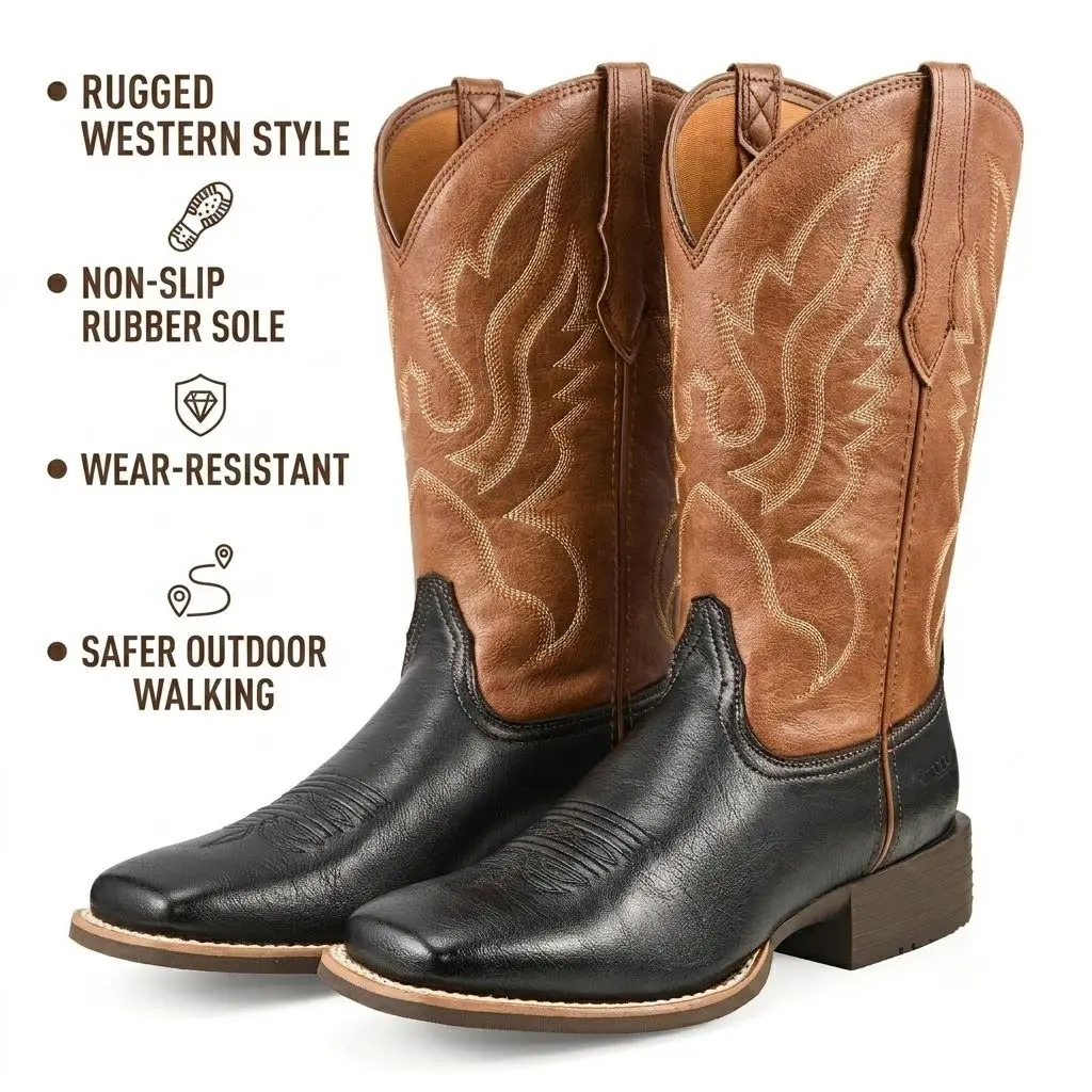 Palitutu full-grain brown and black leather boots with a rubber outsole and mesh lining, offering both comfort and style. #CowboyBoots #WesternStyle-PLT703604
