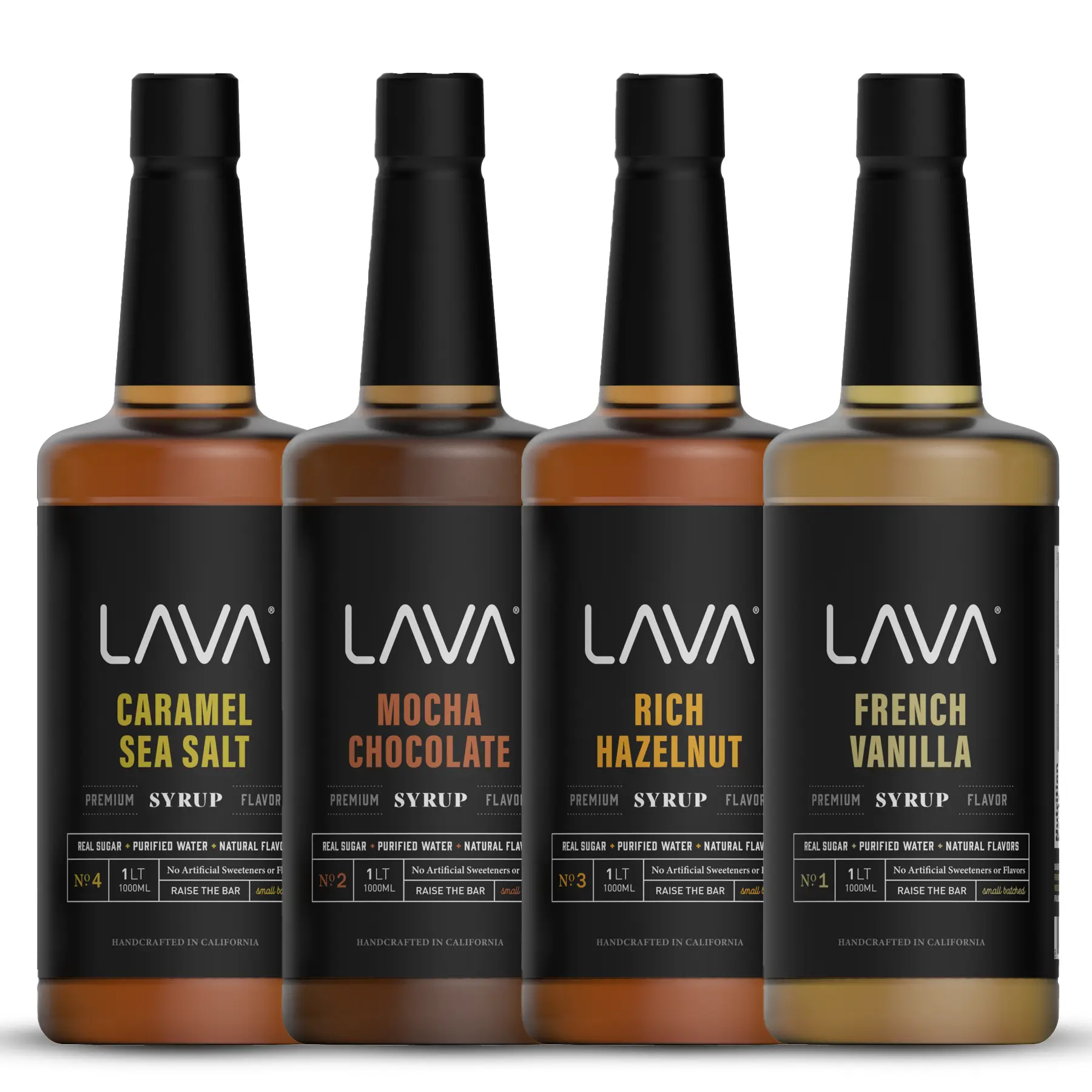 Variety (4-Pack) LAVA Premium French Vanilla, Hazelnut, Salted Caramel, Mocha Chocolate Natural Coffee Syrups 4 x 33.8oz (1-Liter) Flavored Coffee Sweeteners