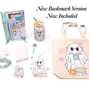Blind Date with a Book Limited Edition Box Bundle- Paperback or Hardcover Book, Book/Tablet Holder, Bookish Pen,Socks, Hair Accessories,Oversided Bookmark, 16oz glass can, natural canvas tote and other bookish goodies Gift Set