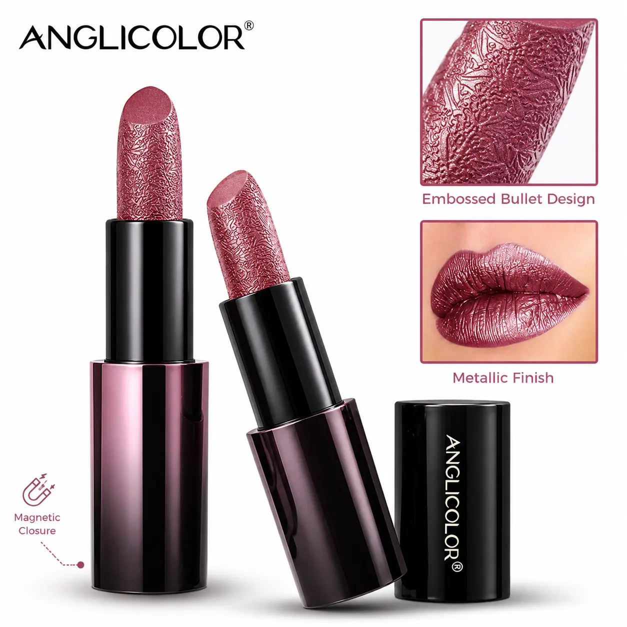 Metallic Shine Lipstick, Embossed Bullet Lip Color with High-Shine Metallic Finish, Creamy Smooth Texture, Bold Reflective Lip Makeup, 5 Shades for Party, Date & Daily Looks.