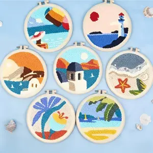 Embroidery Punch Needle Set, Island Style Beginner Embroidery Kit, DIY Handmade Material Pack, Includes Printed Fabric, Thread, Needles, 20cm Bamboo Hoop, Needlework