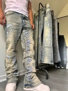 Men's Embroidered Jeans, Micro Flare Denim Jeans, Letter Stitching, Tight Fit, Ripped Bell Bottoms, Washed Y2K Style, Streetwear, Aesthetic, All Seasons