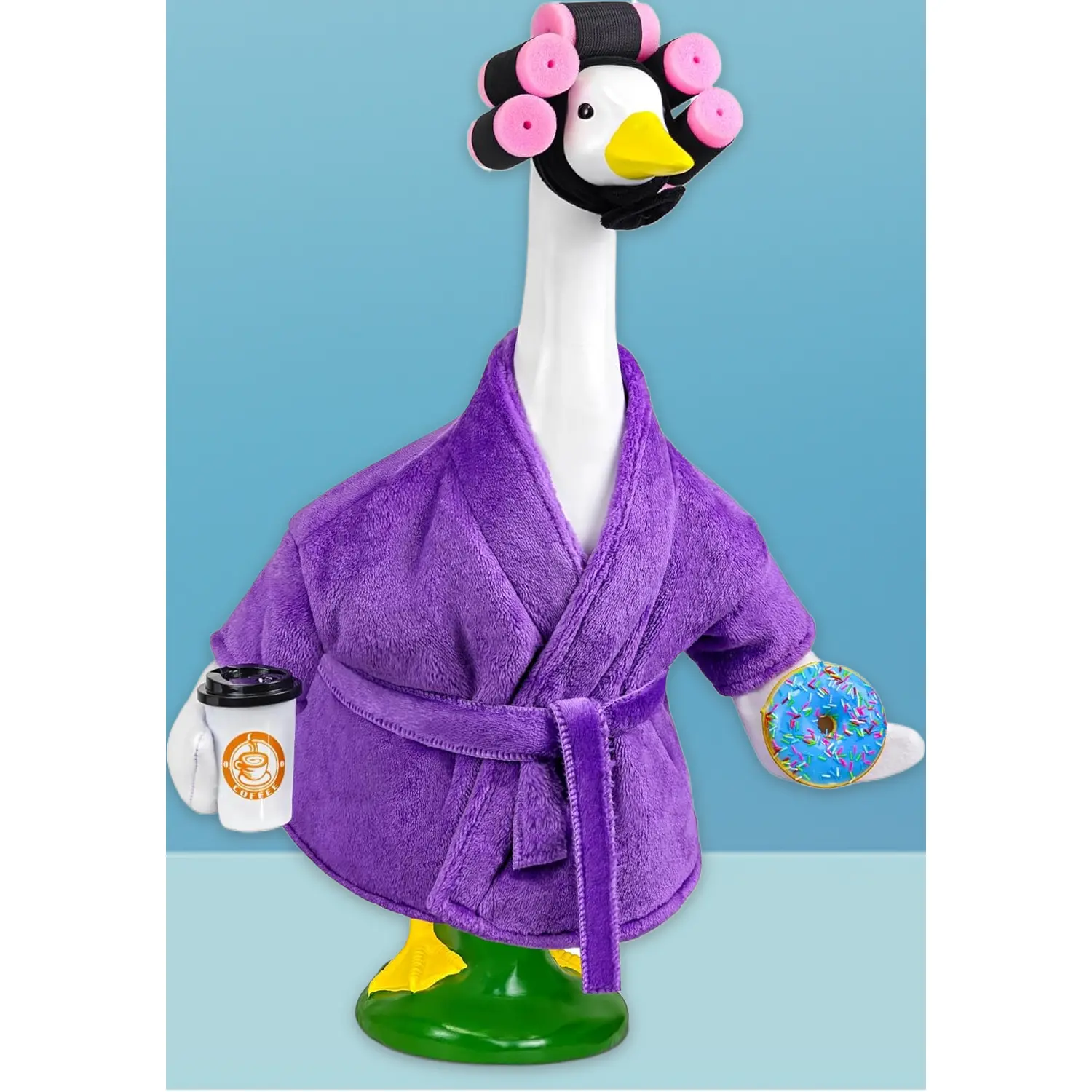 Lawn Goose Costume Accessories Set, Old Lady Style with Coffee & Donut Print Polyester Bathrobe & Curler, 3-Piece Outfit for 17-23 Inch Geese, Weather-Resistant Outdoor Garden Decor, Costume Set