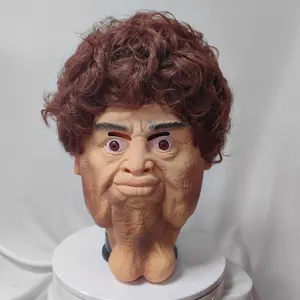 Funny Double Chin Latex Mask for Adults - High Elasticity, Messy Brown Curly Hair, Perfect for Halloween Role-Playing & Costume Parties