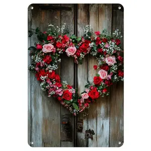 [Romantic Charm] Romantic Rustic Valentine's Day Heart Wreath Wall Art - 8"x12" Aluminum, Vintage-Inspired, Easy-to-Hang Decor with Lush Floral Design for Love Celebrations & Parties, Valentines Decorations