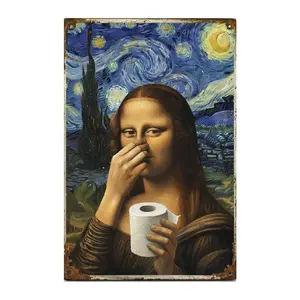 Mona Lisa Pinching Nose Funny Bathroom Sign |   Vintage Da Vinci Inspired Metal Wall Decor in Multiple Styles |   Choose Your Design for Bathroom, Man Cave or Art Lover Gifts |   Rustic Toilet Humor Plaque with Pre-Drilled Holes