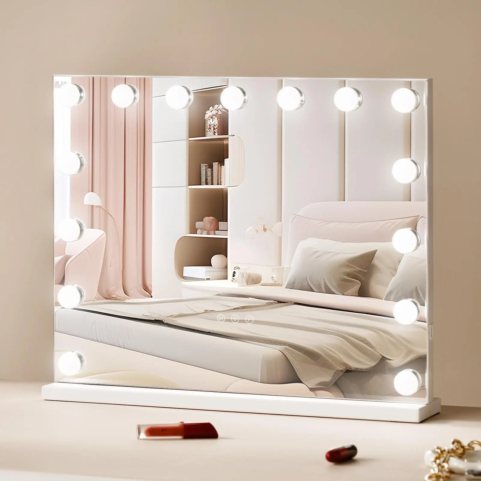 【Summerfinds】VEVOR Safety Reflective Hollywood Vanity Mirror with Lights, 15 Dimmable Bulbs, 3 Color Modes, Detachable 5X Magnification, USB Port, Smart Touch Control, Desktop-Wall Mount (22.8x18.1 in, White) for Room Decor & Vanity Setup & Makeup Prep, A