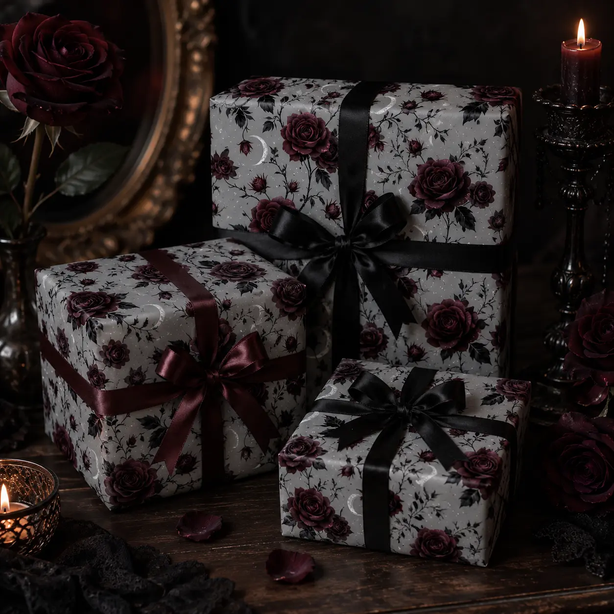 Gothic Dark Red Rose Crescent Moon Gift Wrapping Paper Sheet - Moody Vintage Floral Thorn Wrap for Valentines Day Anniversary Halloween