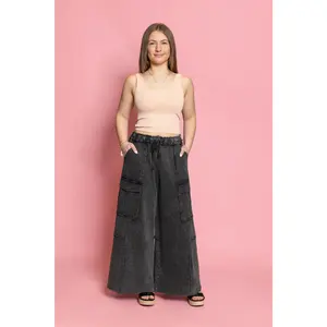 EASEL Washed Wide Leg Terry Cargo Pants