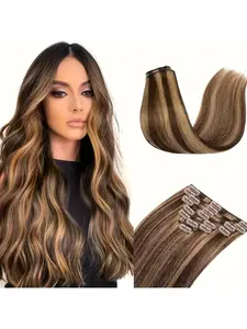 8Pcs #4/27 Highlight Clip In Hair Extensions 100% Remy Hair Straight Full Head Human Hair Clips In Hair Blonde Brown Color, Natural Soft Human Hair Real Hair Extensions