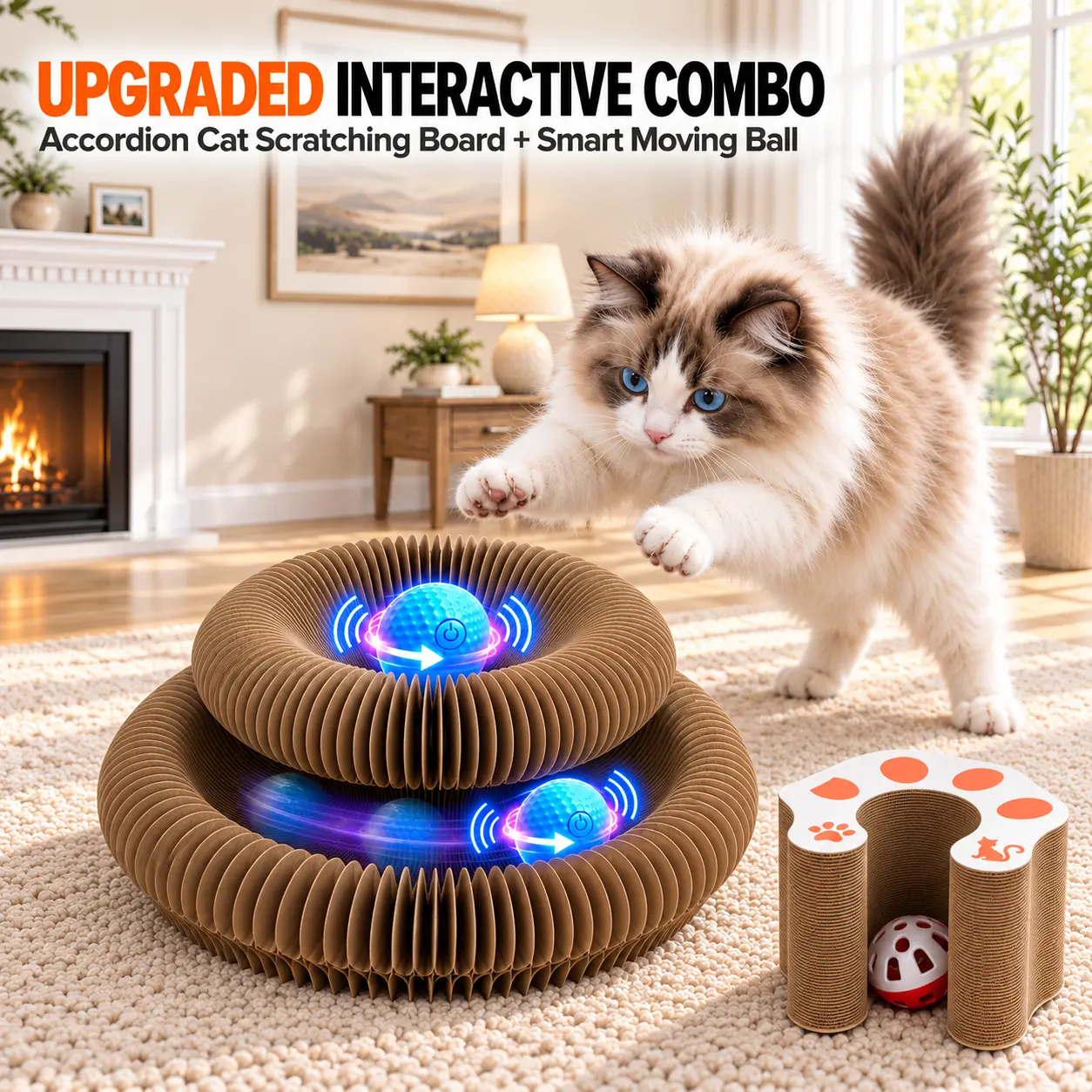 Magic Organ Cat Scratcher, Cardboard Accordion Cat Scratching Board with Interactive Moving Ball & Bell Ball, Magnetic Foldable Track for Indoor Cats, Deformable Scratch Pad for Couch Protection