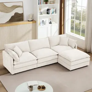Modular Sectional Sofa Couch 102 Inch L Shaped Couch Set for Living Room, 3-Seater Comfy Cloud Couches with Movable Ottoman, DIY Combination, Chenille, Beige
