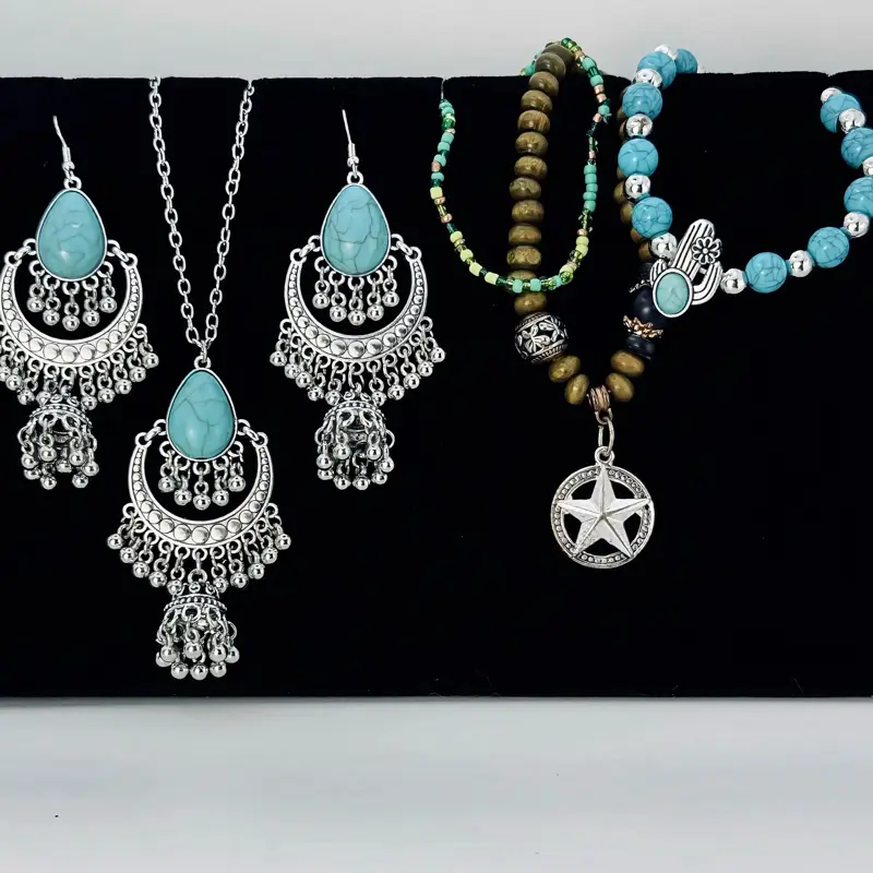 Boho Chic 5-Piece Jewelry Set with Ornate Teardrop Chandelier Necklace Matching Jhumka Earrings & 3 Southwestern Charm Bracelets in Turquoise Silver & Wooden Beads