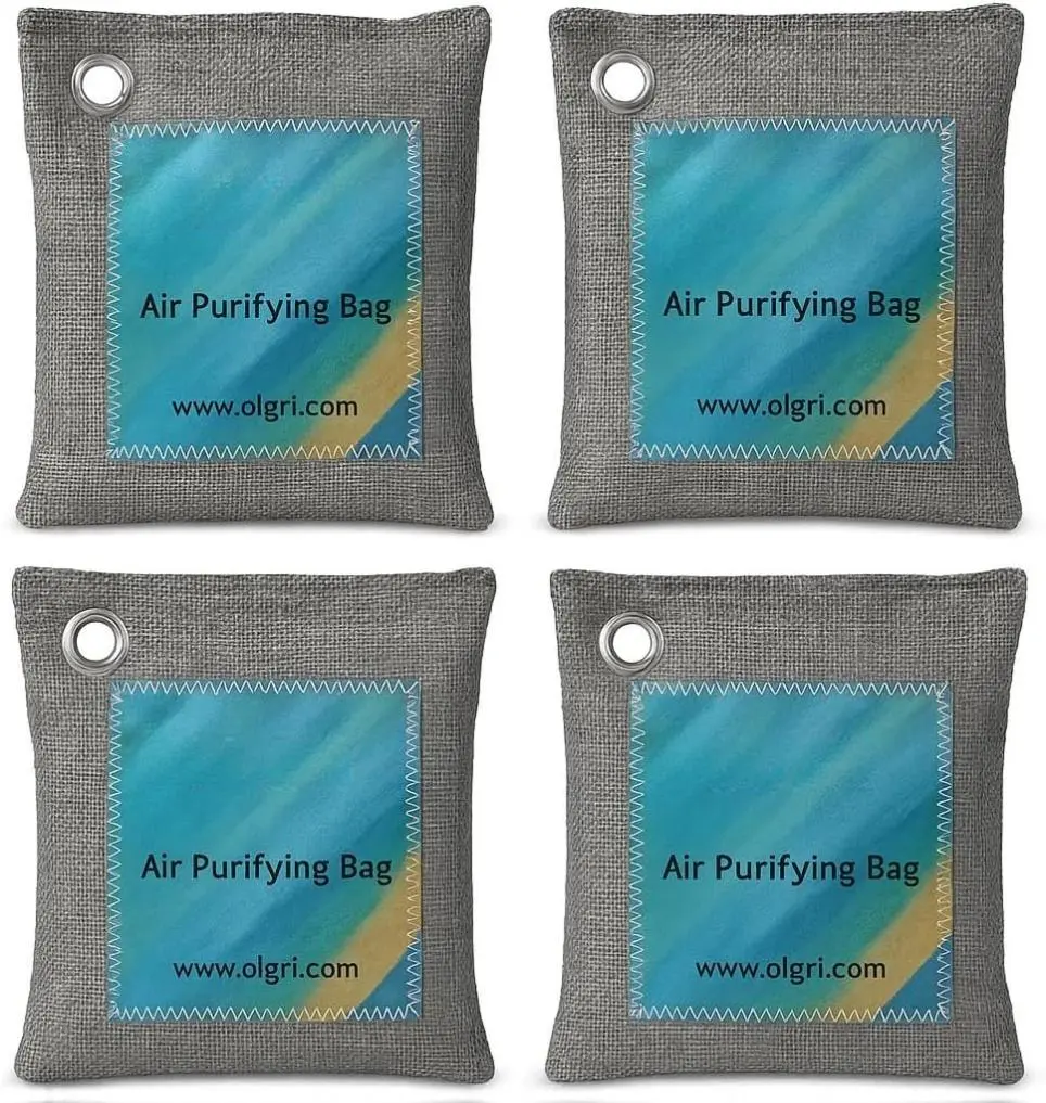 Charcoal Air Purifier Bags by OLGRI – Natural Odor Absorber for Cars, Bathrooms, Closets, Shoes & Pets – 4-Pack Bamboo Deodorizer with Activated Charcoal