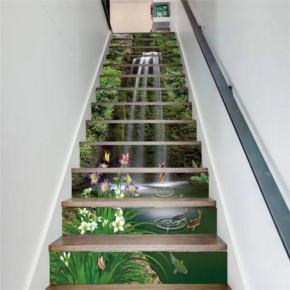 Waterfall Pattern  Stair Wall Sticker, 13pcs/set Waterproof Self Adhesive Wall Tile Stair  Decal, Decorative Waterproof Durable Sticker for Home Living Room Bedroom, Tiles Sticker DIY Stickers, Decoration, Adhesive Decals