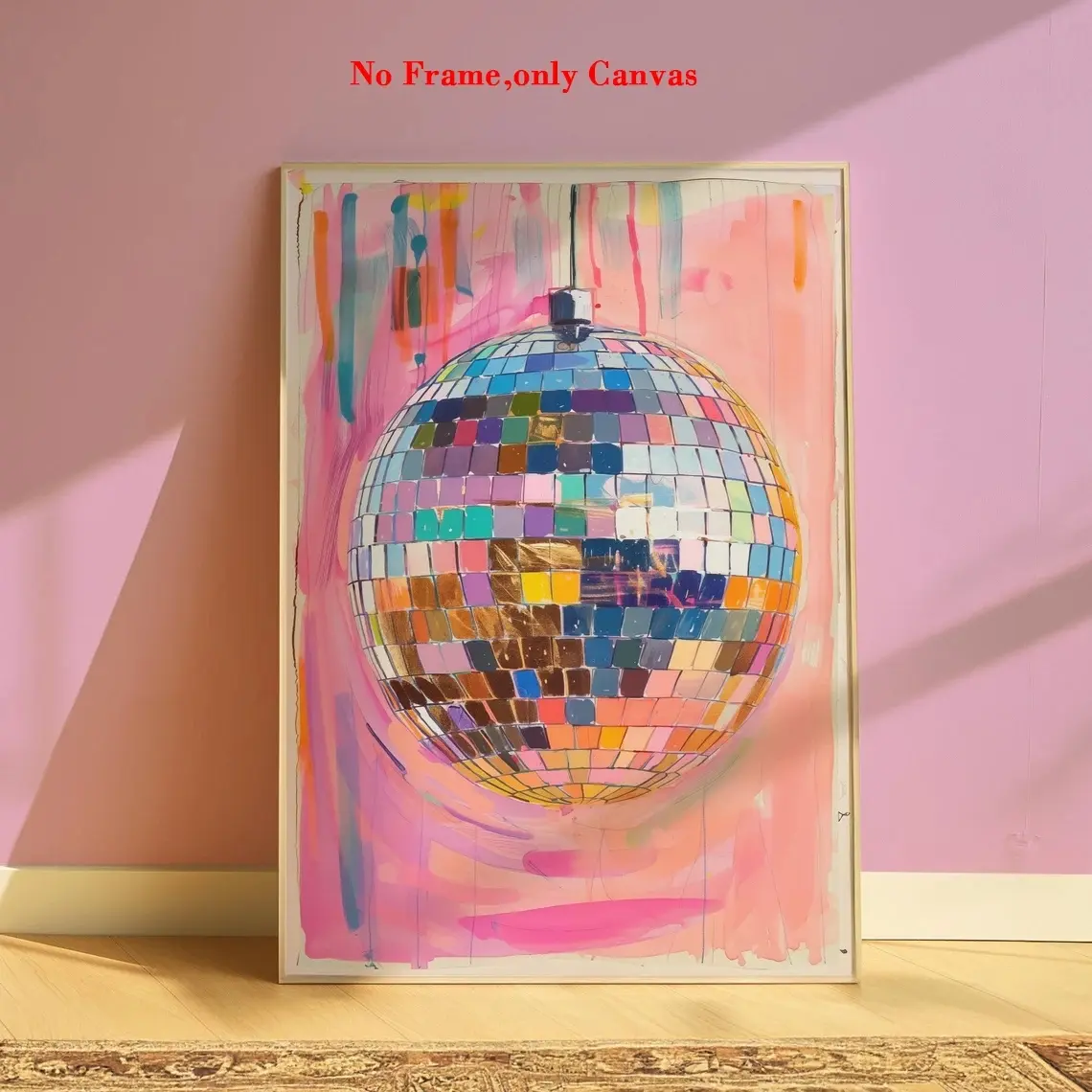 1pc, wall art, vintage poster, hand-painted disco ball print, pink light ball canvas painting, bedroom aesthetic, living room decor, apartment decor, housewarming gift, frameless, Unframed Wall Art