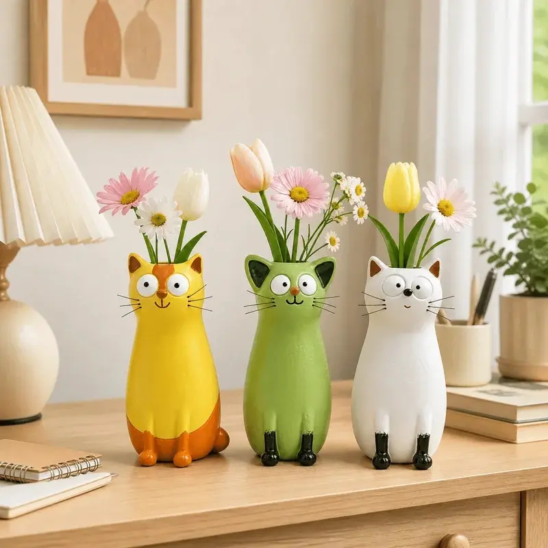 Resin Cylindrical Animal Print Modern Mold-Proof Cartoon Big-Eyed Cat Vase (1-Piece, Boxed) - Home Decor Vase for Dry/Fresh Flowers, Ideal for Home Office Desktops, Perfect Gift for Cat Lovers, Single Unit