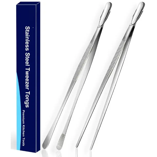 2 PCS Professional Stainless Steel Kitchen Tweezers Tongs - 12-Inch Extra-Long Handle Tweezers with Round and Straight Tips, Anti-Slip, Premium Quality for Baking, Barbecue