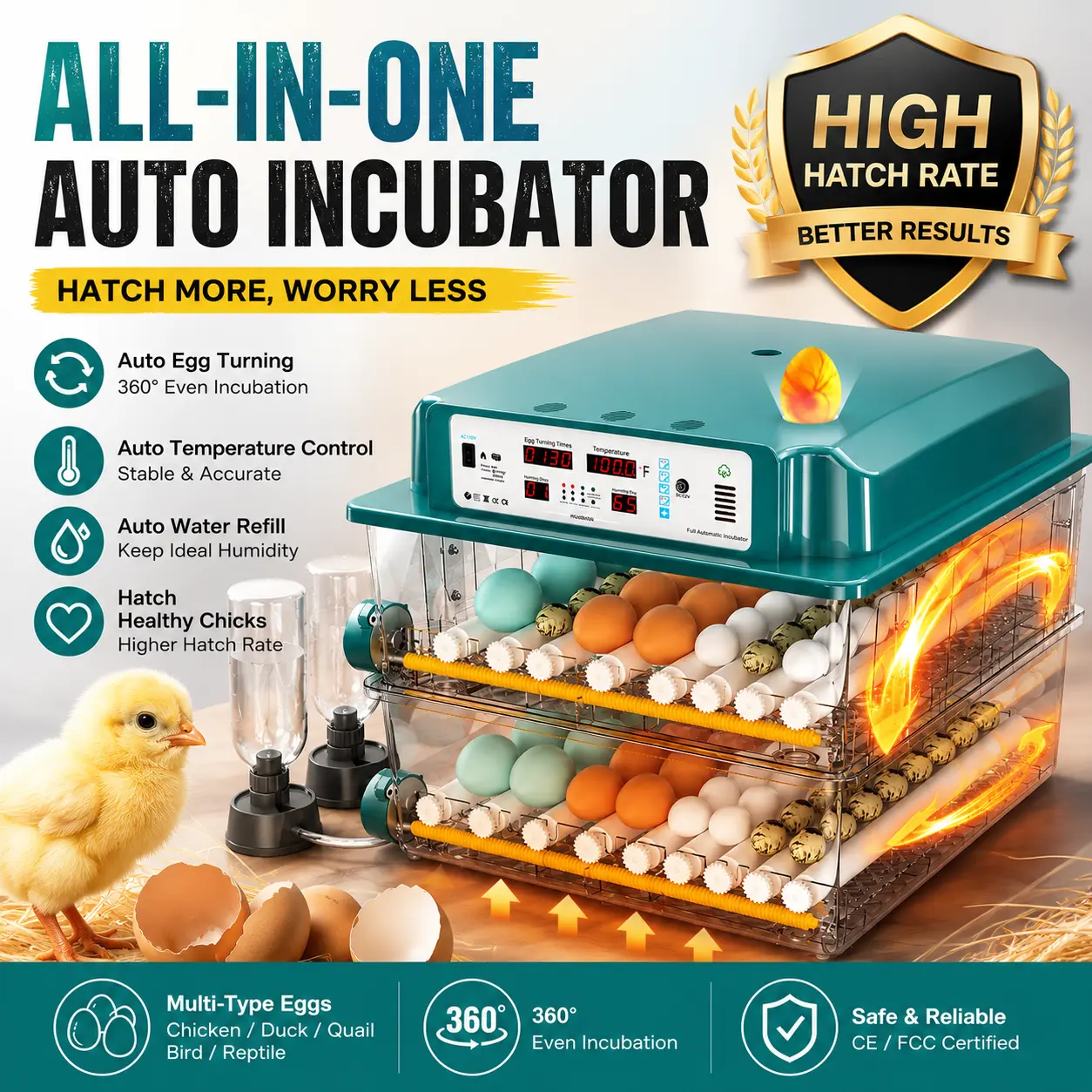【DealsForYouDays】120-Egg Professional Poultry Incubator with 120 Units Capacity, Automatic Incubation, Fully Automatic Egg Turner, Precise Stable Temperature Control, Dual Power Supply, Observation Window, High Hatching Rate Guarantee