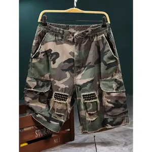 Camouflage Cargo Shorts with Metal Studs & Distressed Pockets - Olive Green/Black Shorts, Regular Fit, Machine Washable for, Camping, Training - Gengyuanshi Outdoor Gear