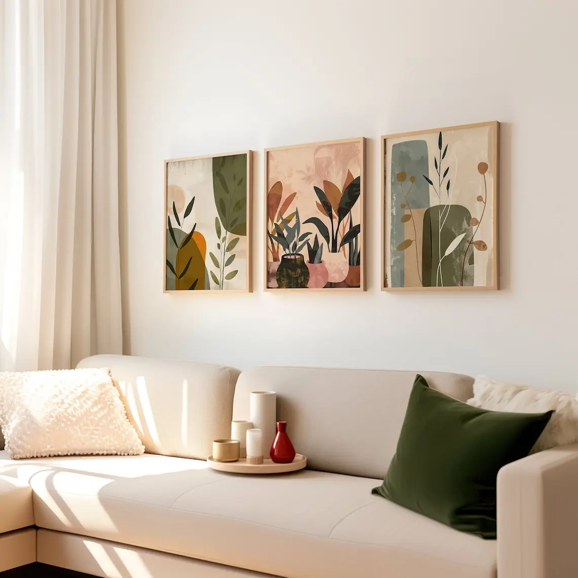 Boho Botanical Poster Set, Earthy Nature Wall Decor, Modern Plant Posters, Minimalist Bedroom Decoration, Set of Three Posters