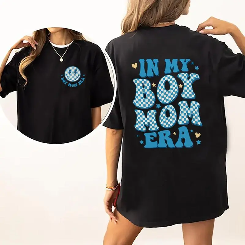 Women's Minimalist Cotton Casual Round Neck Short Sleeve Graphic T-Shirt Top - "In My Boy Mama Era" Mom Gift, Everyday Streetwear Style, All Seasons Comfortable Daily Wear, Machine Washable, Cool Iron - No Bleach