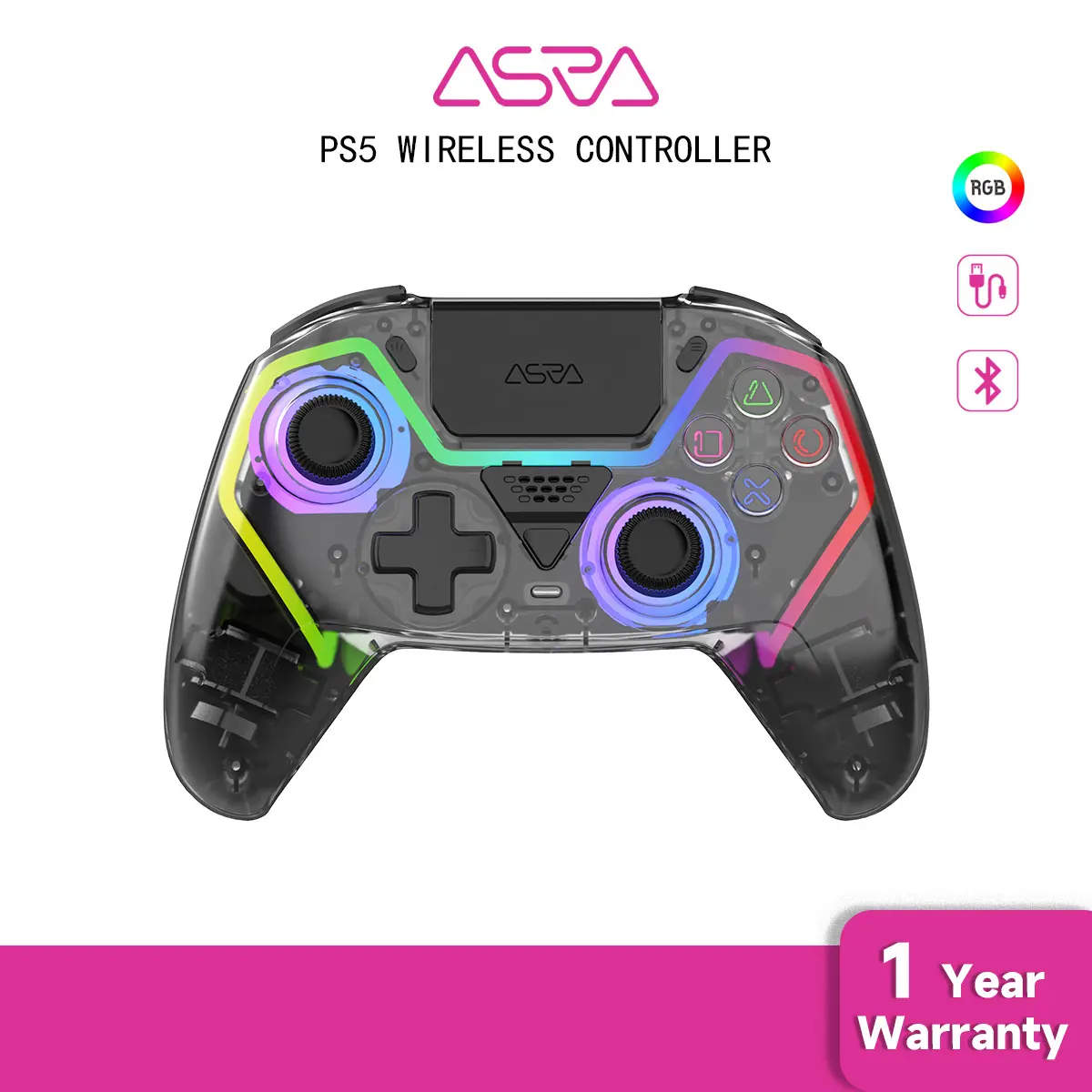Wireless Bluetooth Controllers for PS5 Console with RGB Lights, Anti-Slip Thumbsticks, Dual Joystick, Compatible with PC, Steam, Mac, Handheld Esports Gamepad