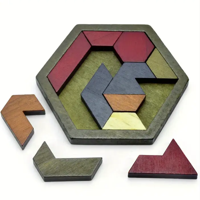 Hexagon Tangram Wooden Puzzle Set, Thoughtful Gift, Fits in Bag, Suitable for 8-10 Years, Adults, All Ages, Creative Problem-Solving