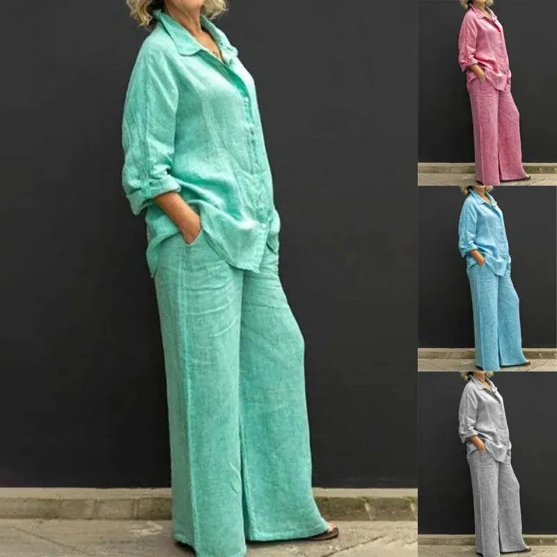 Casual Cotton and Two-Piece Suit Suit Women's Fall Long Sleeve Shirt Trousers Suit Fashion Solid Color Straight-Leg Pants Suit Women's Suit