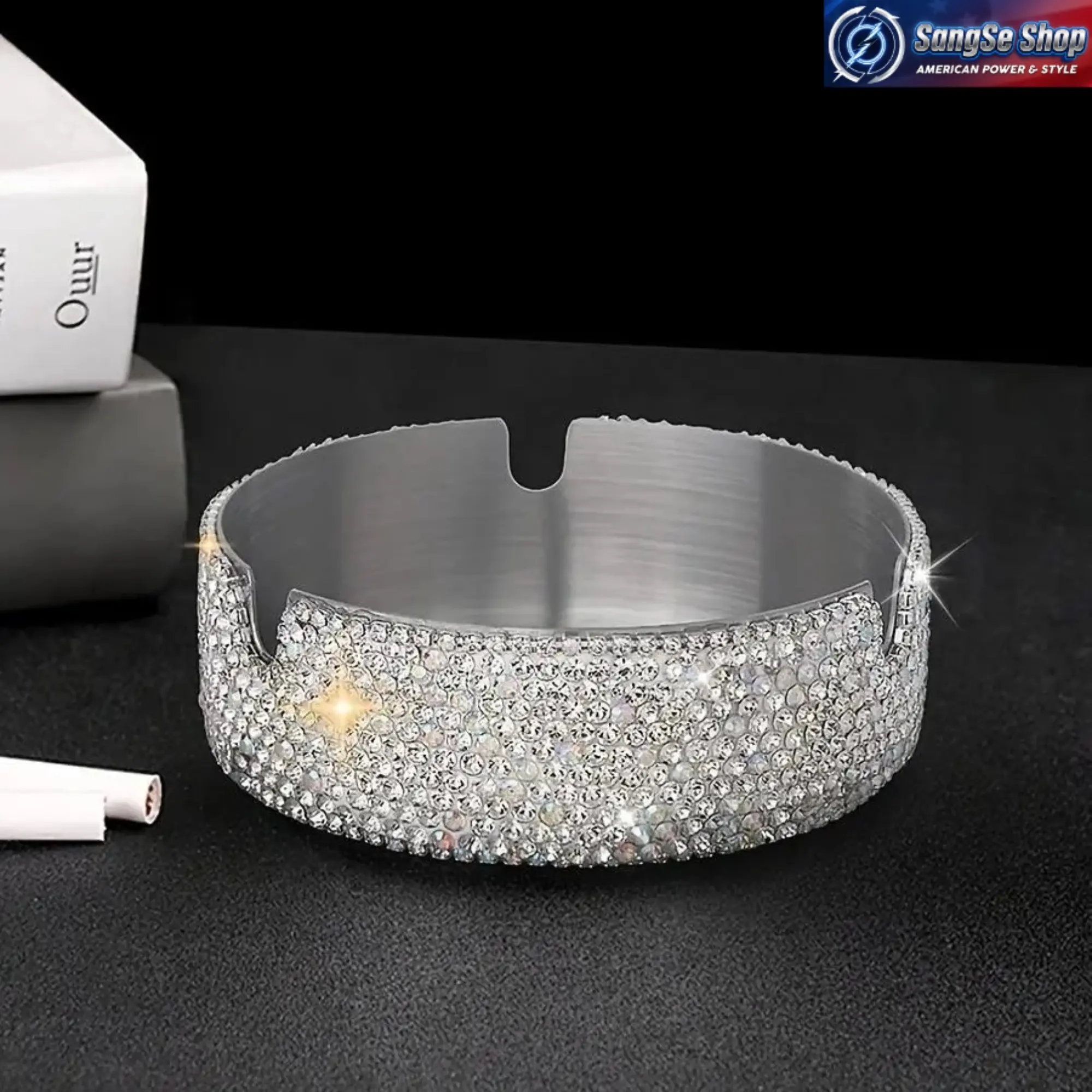 Crystal Rhinestone Ashtray - Luxury Stainless Steel Smokeless Ash Holder with Plastic Component, Portable Decorative Car Accessory, Ideal Gift for Adults (DIY Bag Accessory Compatibility)