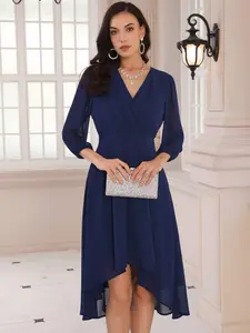 INSPIRE CHIC Women's Chiffon Dress Long Sheer Sleeve Wrap Cocktail Midi Dresses Navy Blue
