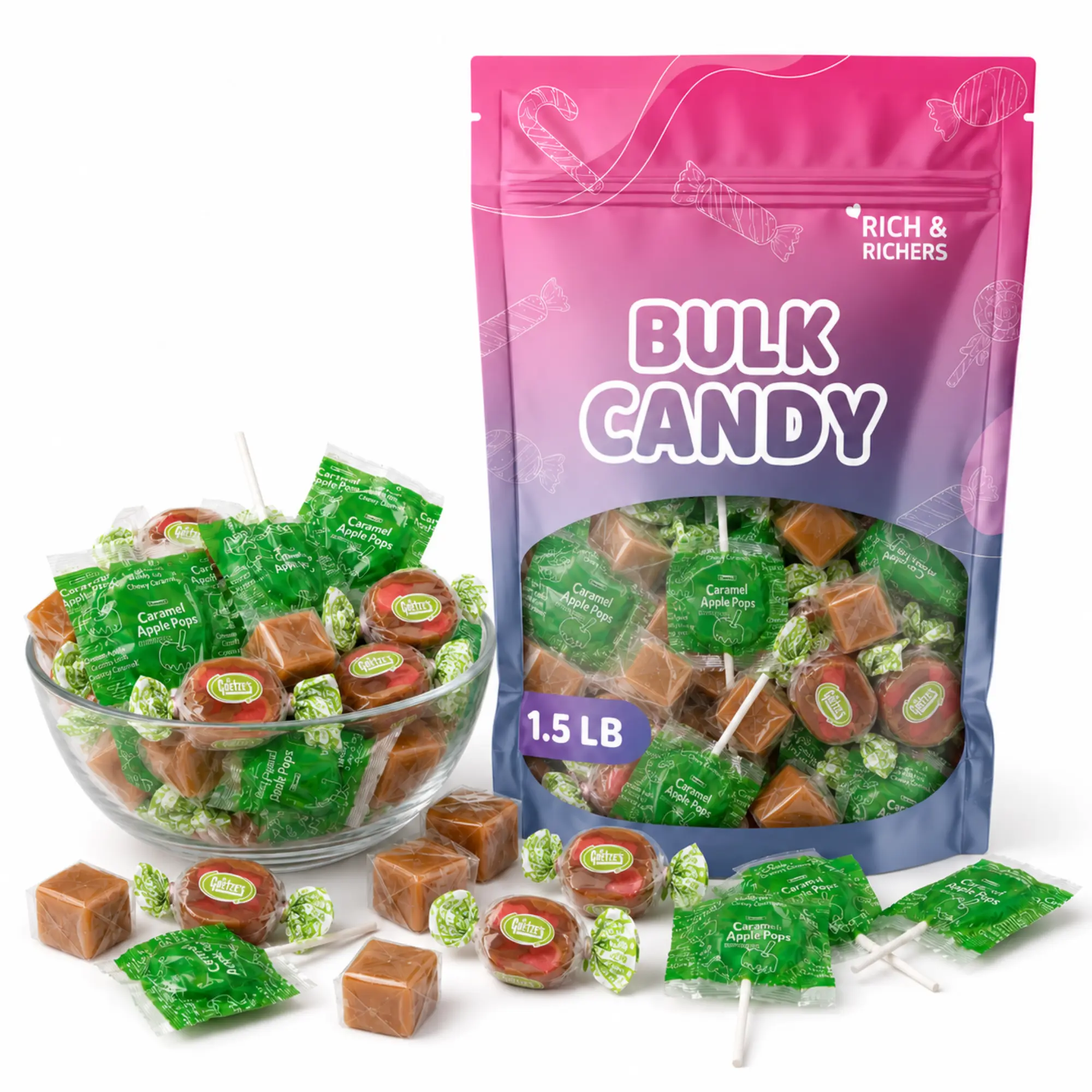 Rich & Richers Caramel Apple Variety Mix - Apple Caramel Cubes, Goetzes Apple Caramel Creams, Tootsie Caramel Apple Pops - 1.5lb Bulk Bag of Individually Wrapped Creamy Tart Treats for Fall Party, Movie Night Dessert Station