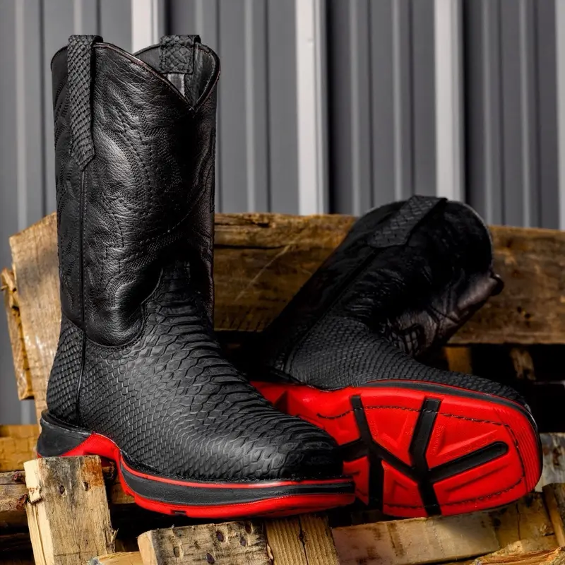 Matte Black python PRINT Leather Boots With 3D Lightweight Sole
