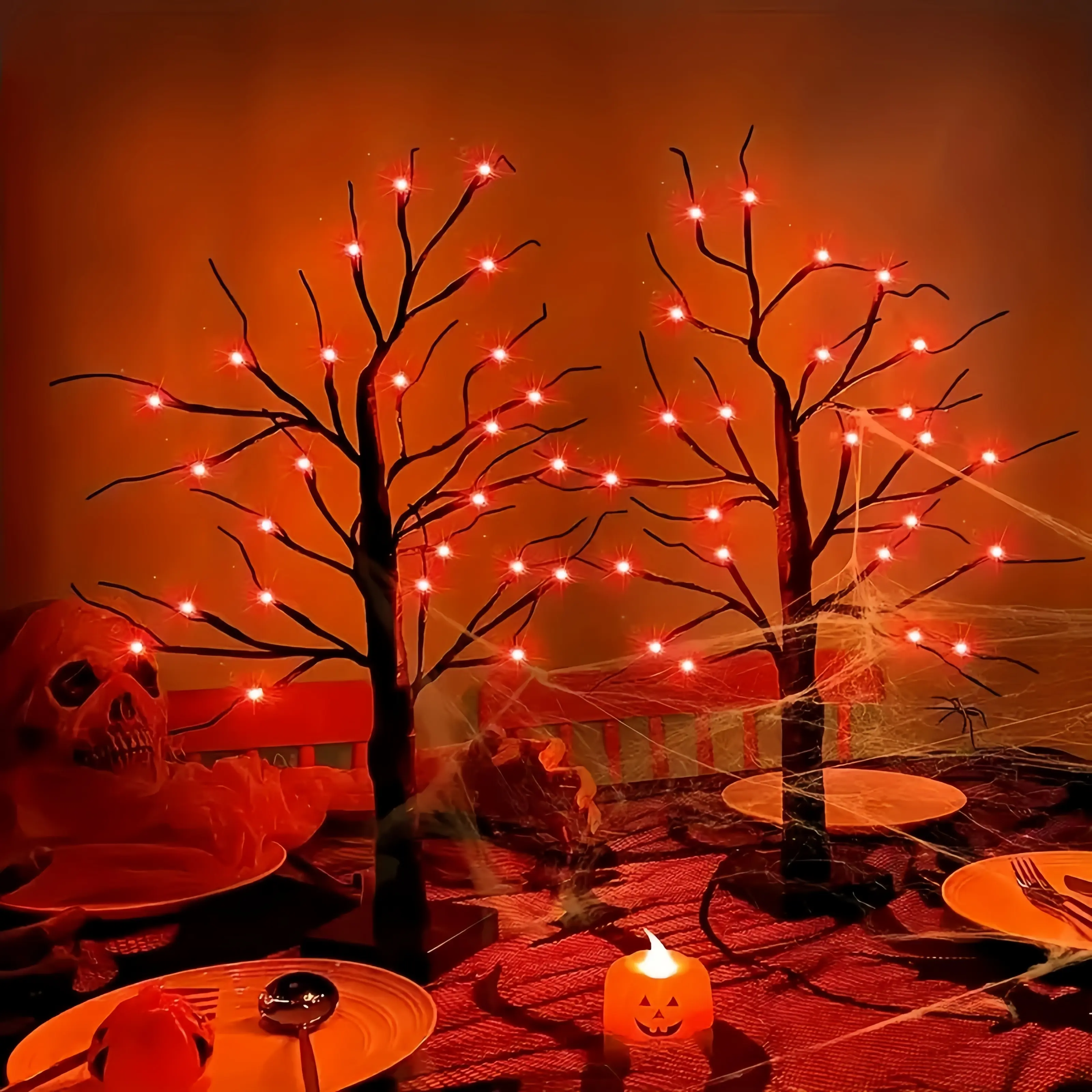 Horror Plastic LED Novelty Lights, 2-Piece 24-Inch 24-LED Halloween Tree Lights with Orange & Purple Glow, USB + Battery Powered, for Indoor Home Haunted Rooms, Fireplaces, TV Console Room Decoration, Led Lights