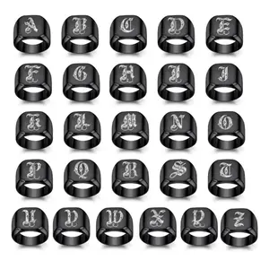 Men's Adjustable Retro Hip-Hop Alphabet Design Ring, 26 Uppercase A-Z Letter Initial Ring, Black Square Stainless Steel Daily & Party Wear Fashion Costume Jewelry Accessory with Hip-Hop Look, Adjustable Initial Rings, Men's Accessories