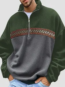 New Men's Tribal Print 1/4 Open Front Wool Sports Jacket, Color Block Beechwood Sweater, Stylish, Casual and Comfortable Outerwear