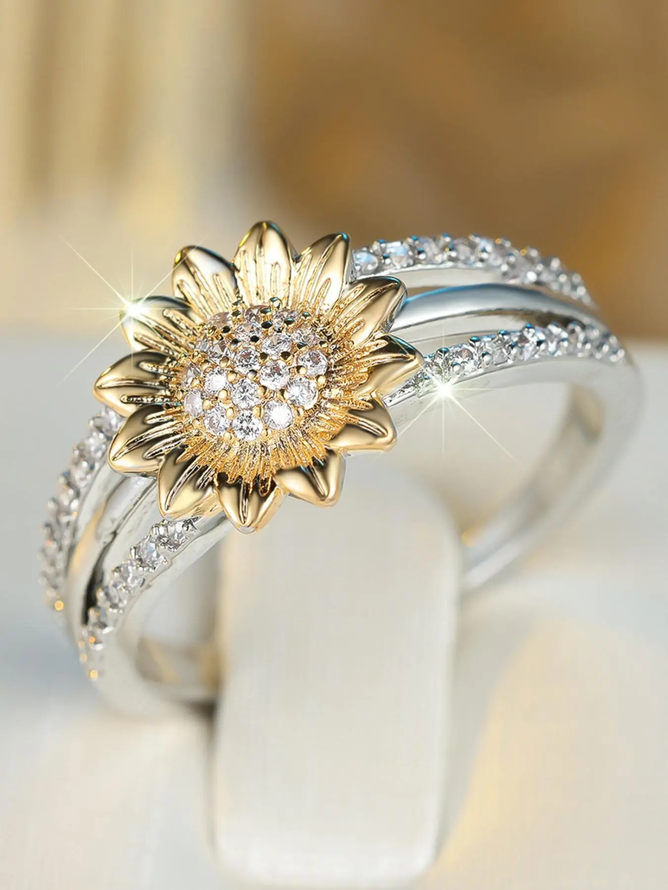 Sunflower Design Artificial Gemstone Ring, Rhinestone Decorated Ring for Women, Beautiful Rings, Glittering Ring, Jewelry Accessories for Party, Daily Clothing Decor, Birthday Gift, Everyday Ring