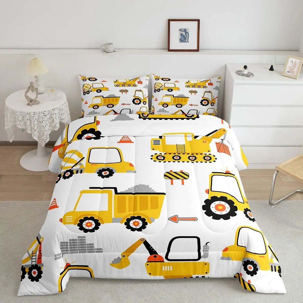 Feelyou Kids' Cartoon Car Vehicle Theme Duvet Comforter Set - Multi-Size Toddler Bedding, Breathable Bed Cover, Car Themed Blanket, Twin/Full Size Bedroom Decor
