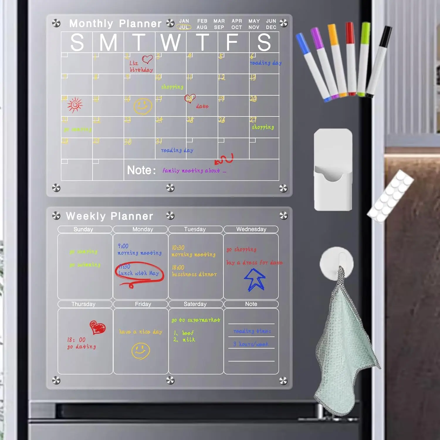 Magnetic Acrylic Calendar for Fridge, 2 Pcs Clear Dry Erase Board of Monthly & Weekly Calendar for Refrigerator Reusable Planner Board Decor Set